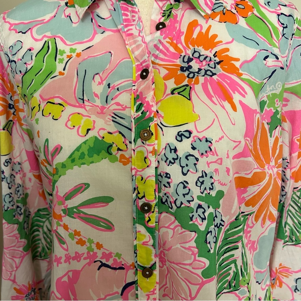 Lilly Pulitzer Floral Button-Down Shirt Pink Green Cotton Size M - Picture 4 of 8